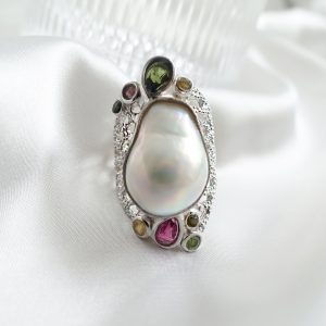 Tourmaline and Large Fresh Water Pearl Statement Ring Band Adjustable Open Ring