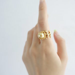 The Coral South Sea Golden Round Pearl Adjustable Open Ring