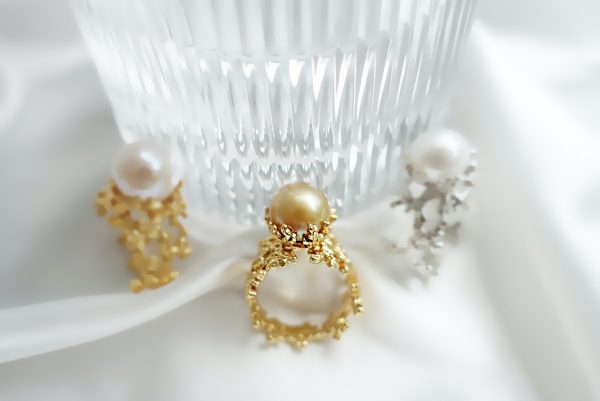 The Coral South Sea Golden Round Pearl Adjustable Open Ring