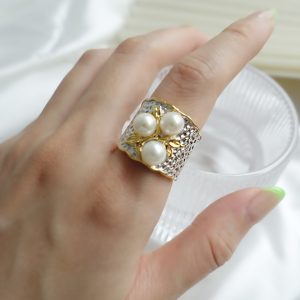 The Duo Tone Fresh Water Pearl Adjustable Wide Open Ring