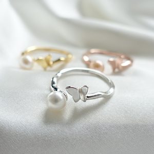 925 Sterling Silver Yellow Gold Plated Orbit Butterfly Fresh Water Cultured Pearl Adjustable Open Ring