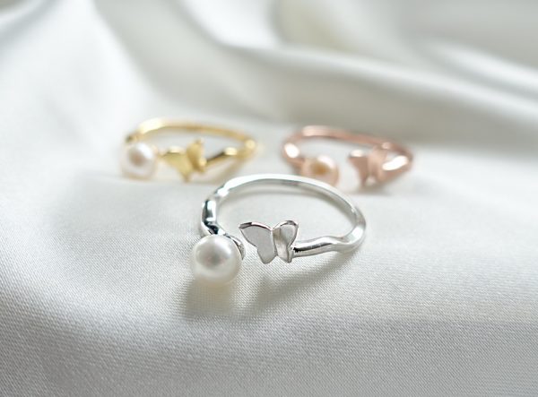 925 Sterling Silver Yellow Gold Plated Orbit Butterfly Fresh Water Cultured Pearl Adjustable Open Ring