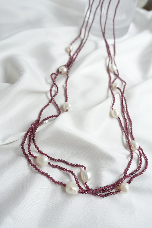 Triple Layered Fresh Water Pearl and Garnet Endless Necklace